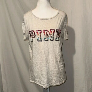 heathered beige rainbow sequin Victoria's Secret PINK tshirt size medium